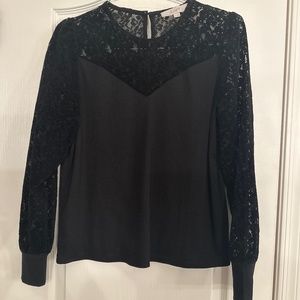 Ann Taylor LOFT black sweater with lace arm and chest detail